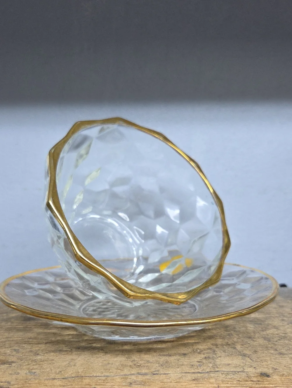 Vintage Jeanette Glass Mayo Bowl With Under Plate 22k Gold Cubist Clear